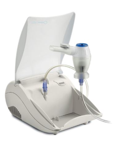 Apparecchio per aerosolterapia con vano portaoggetti. Ampolla nebulizzatrice con sistema valvolare Fasterjet®