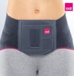 Corsetto lombare in materiale latex-free, traspirante, elastico e morbido all'interno con fibre di eucalipto. Tessuto Medi® con sistema Climafresh e Climacomfort. Pelota posteriore in silicone con superficie massaggiante in 3D dotata di copertura in mo