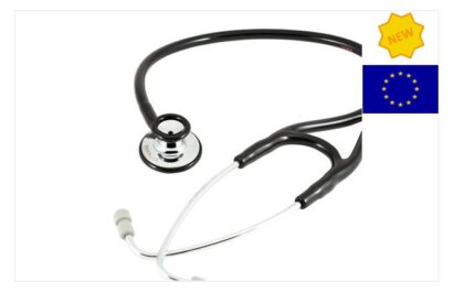 Stetofonendoscopio LatexFree Dual Membrane brevettato Erka. Doppia campana. Indicato per utilizzo cardiologico. Padiglione in ottone cromato, Ø 50 mm, con anello antifreddo. Molla integrata nella forcella che conduce la trasmissione dei suoni senza distu