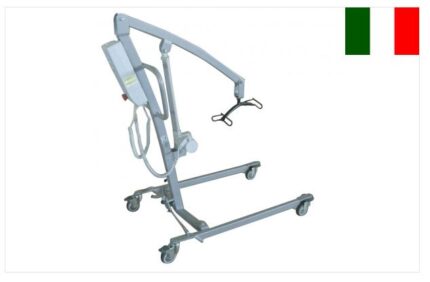 Alzamalati elettrico con struttura in acciaio verniciato: sollevamento a mezzo di attuatore elettrico a batterie ricaricabili; ruote con diametro di 10 cm di cui due con sistema bloccante; gambe divaricabili a pedale; imbragatura a fasce avvolgenti