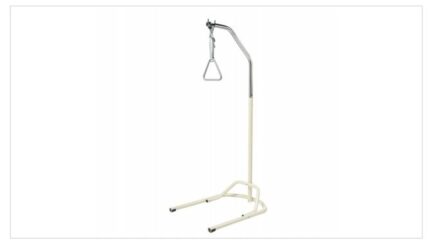 Alzamalati a piantana da terra poco ingombrante e completamente smontabile: struttura in acciaio verniciato e tubo ad innesto regolabile cromato; tre regolazioni in altezza; triangolo regolabile con cinghia.