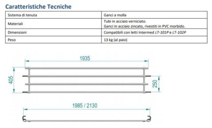 Sponde ribaltabili, applicabili a testata e pediera di letti tramite ganci in acciaio zincato, completi di molla di tenuta e rivestiti in PVC morbido. Tubo in acciaio cromato. Peso: 13 kg la coppia. Compatibili con letti Intermed LT-101P e LT-102P.