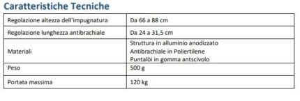 Stampelle a doppia regolazione con struttura in alluminio: impugnatura anatomica, destra e sinistra, in poliuretano morbido; appoggi brachiali in polietilene; puntale in gomma; confezionamento al paio. Altezza: da 66 a 88 cm Appoggio brachiale: da