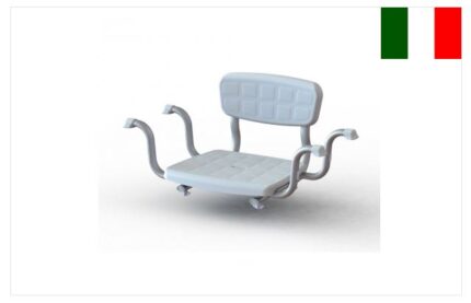 Sedile per vasca dal design moderno ed accattivante con schienale, appoggi regolabili in larghezza con puntali in gomma antiscivolo, struttura in alluminio anodizzato e sedile in polipropilene e fibra di vetro, dotato in configurazione base: Seduta erg