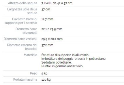 Comoda 4 in 1 con struttura pieghevole in alluminio: poggia-braccia imbottiti in poliuretano morbido; sette livelli di regolazione in altezza; seduta con foro con copri-seduta in polietilene; secchio estraibile con coperchio in polietilene; puntali