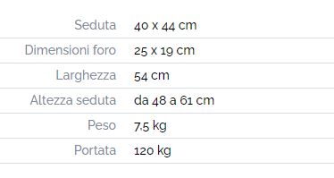 Comoda con struttura in acciaio verniciato: gambe estraibili e regolabili in altezza; sei livelli di regolazione in altezza; poggia-braccia in materiale plastico; seduta, copertura rigida e schienale in PVC imbottito; secchio estraibile con coperch