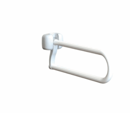 Maniglia costituita da una doppia barra in acciaio verniciato raccordata all’estremità a semicerchio, ripiegabile verso l’alto dopo l’utilizzo: dimensioni 74,5 x 19,5 cm; dimensioni piastra fissaggio 28 x 10,5 cm; peso 2,3 kg; portata 90 kg.