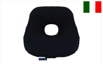 Cuscino Easy a ciambella per la prevenzione del decubito e problemi prostatici realizzato con fibra cava siliconata racchiusa in una fodera in tessuto cotone 100% sanforizzato da 285g/m2: fissaggio a velcro; colore nero.