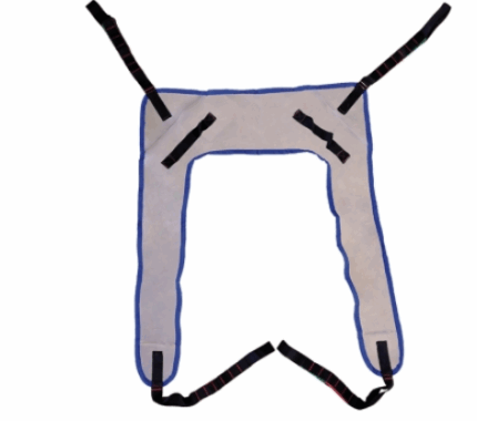 Imbragatura sagomata per sollevamento e trasporto di persone in bagno o sulla toilette. Utilizzabile in combinazione con sollevatori mobili, l’imbragatura è dotata di attacchi e offre la possibilità di regolazione delle altezze per il bilancino.